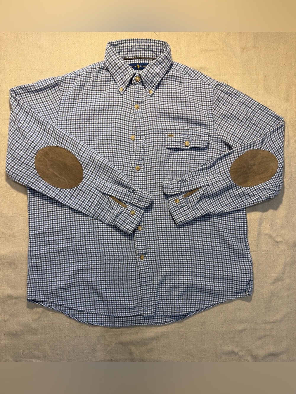 Polo by Ralph Lauren Blue Plaid Button Down Suede Elbow Patches Cotton XL